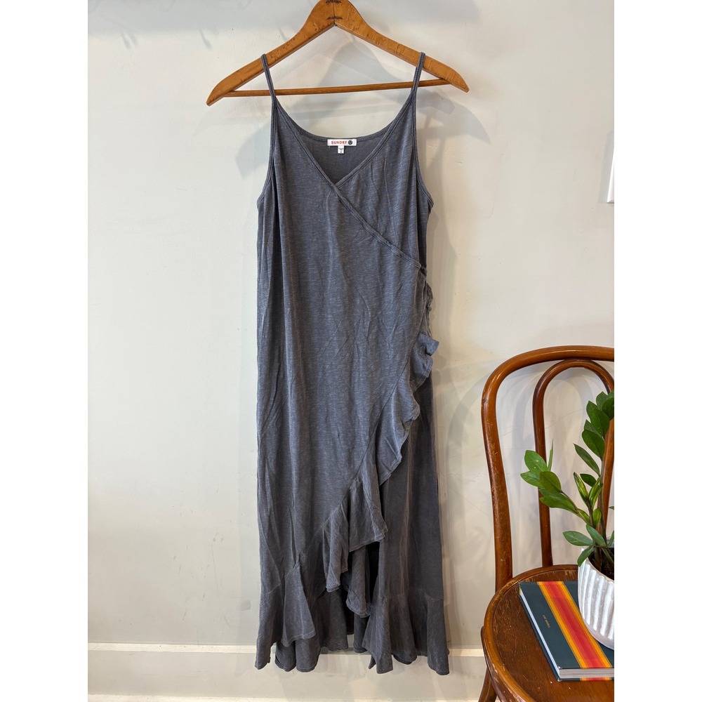 Sundry Charcoal Gray Ruffle Faux Wrap Midi Dress